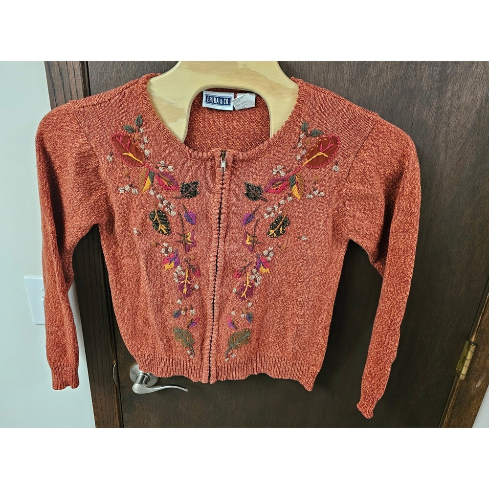 Erika & Co Womens Rust Embroidered Full Zip Cardigan Sweater Small Fall cottage - Picture 1 of 5